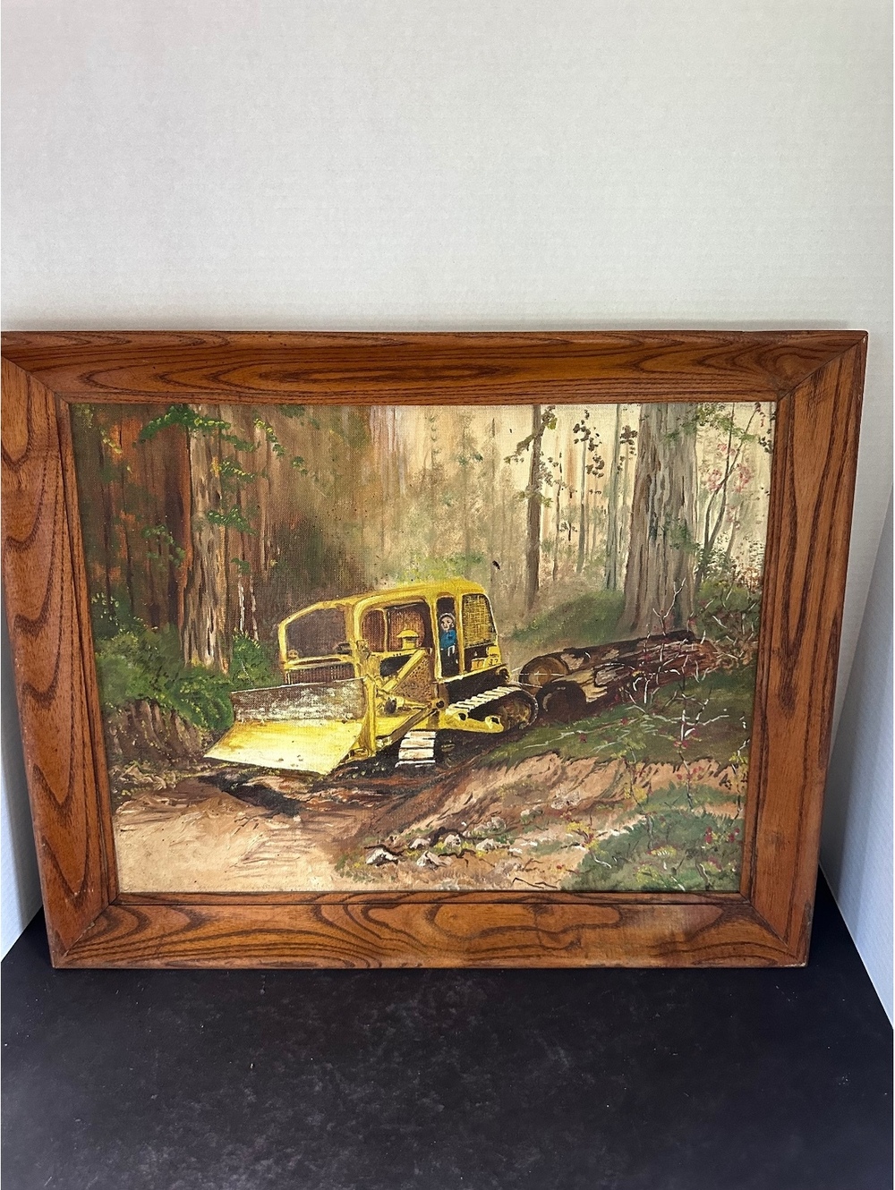 Vintage Duro Canvas Panel Logging Bulldozer Painting Framed 17 x 21